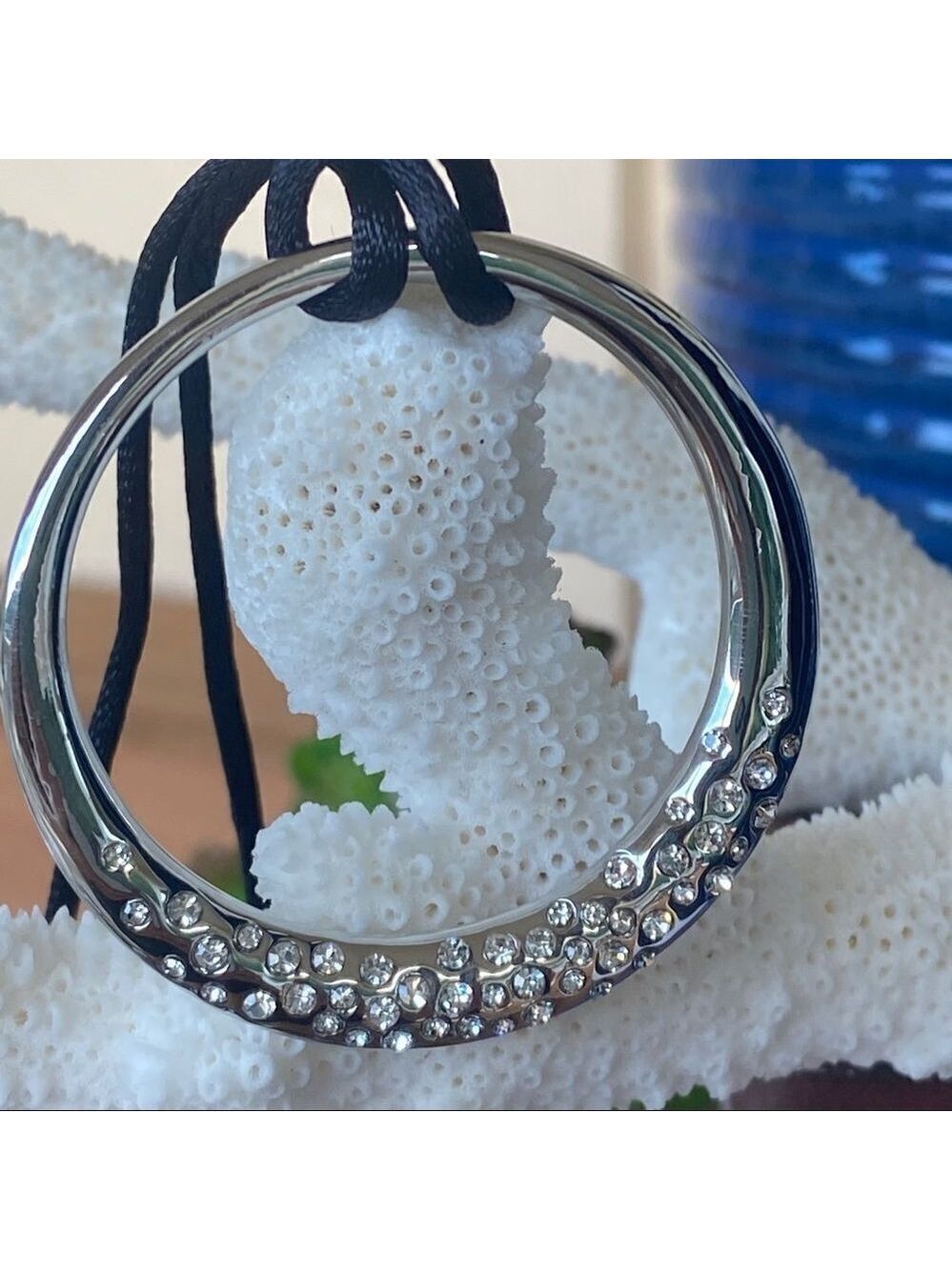Silk Cord Silver Hoop Necklace Made w/ Swarovski Crystal